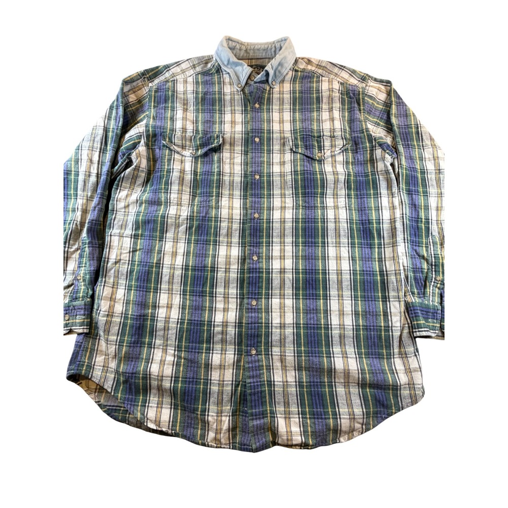 Woolrich Mens XL Plaid Flannel Shirt Green Blue Denim Collar Button Down